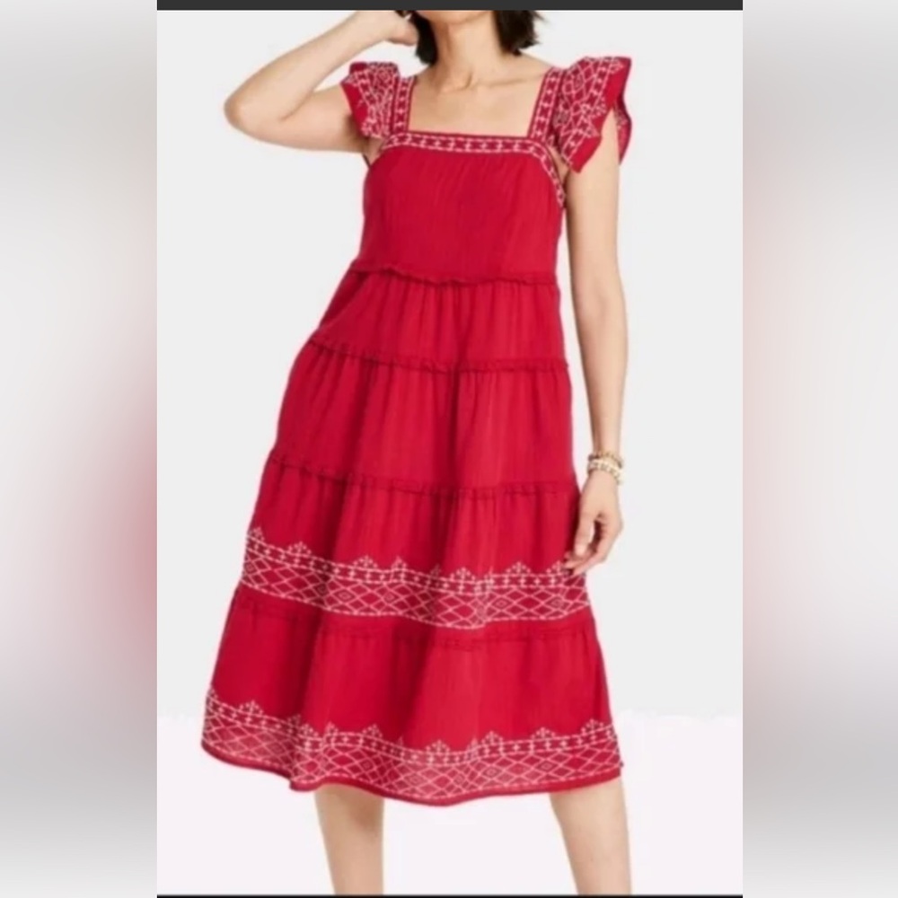 Knox Rose Red Embroidered Tiered Midi Dress